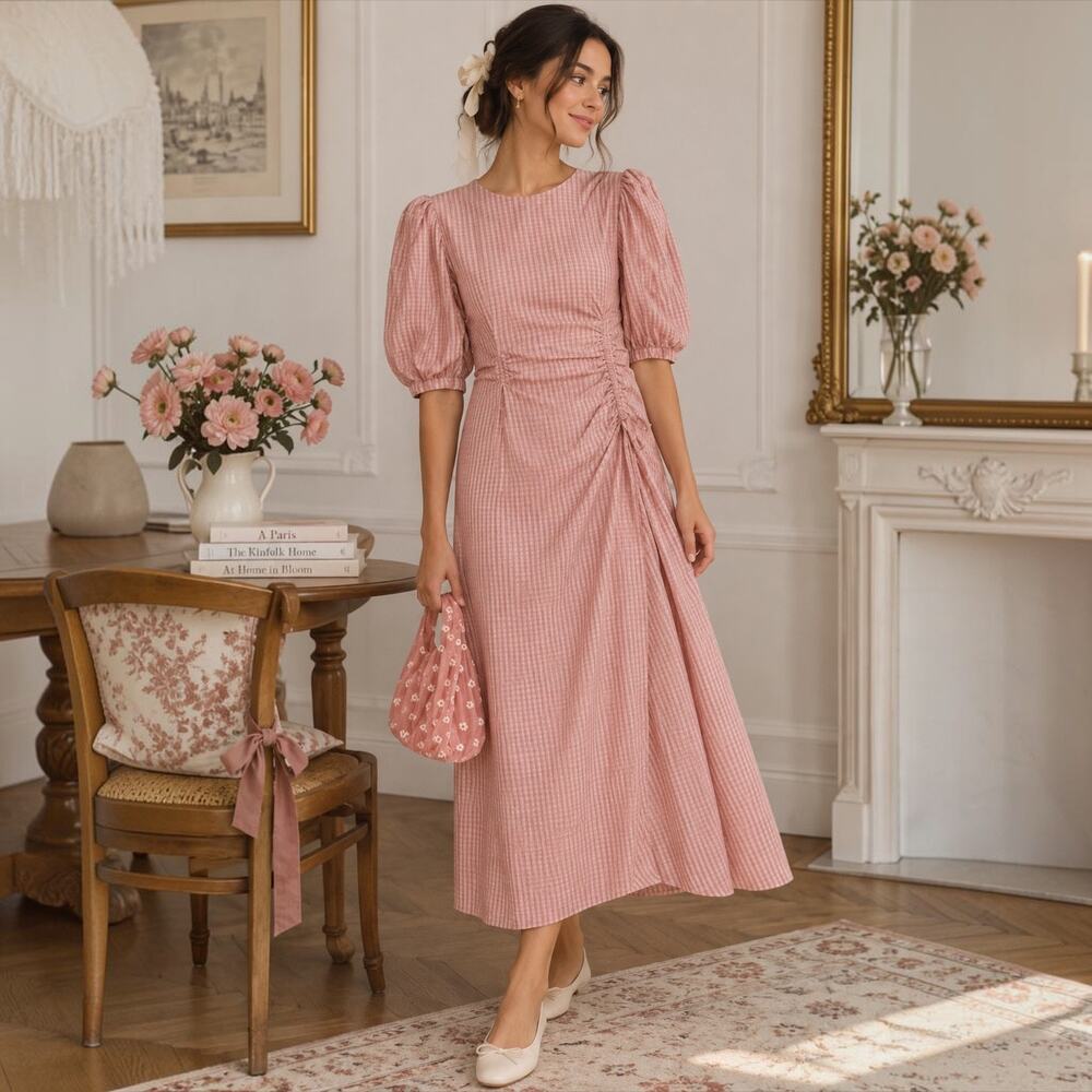 Zara Gathered Waist Puff Sleeve Pink Plaid Midi Dress S Style 4786/056